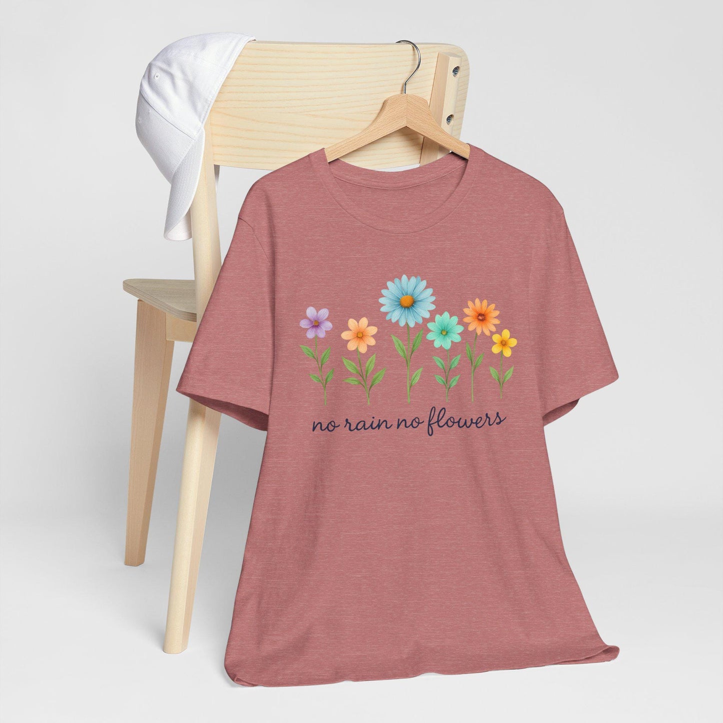 Floral Inspirational T-Shirt, No Rain No Flowers Tee, Spring Gift, Nature Lover Shirt, Casual Wear, Uplifting Quote Tee