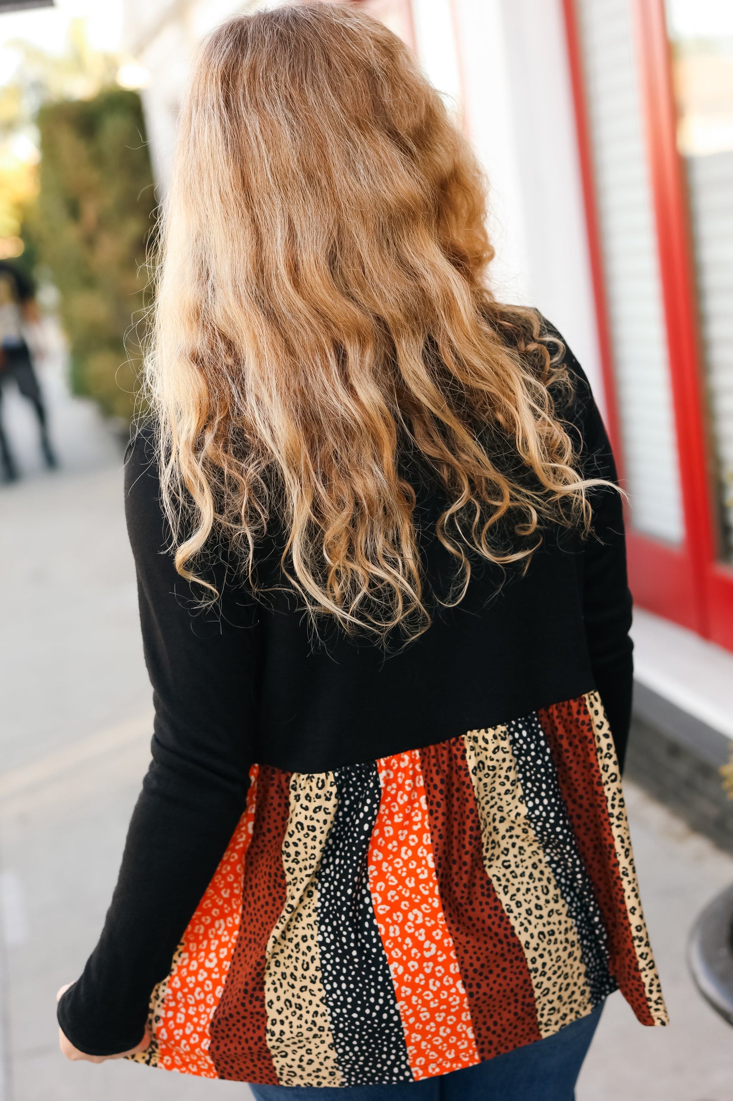 Festive Flare Black & Rust Hacci Leopard Stripe V Neck Top