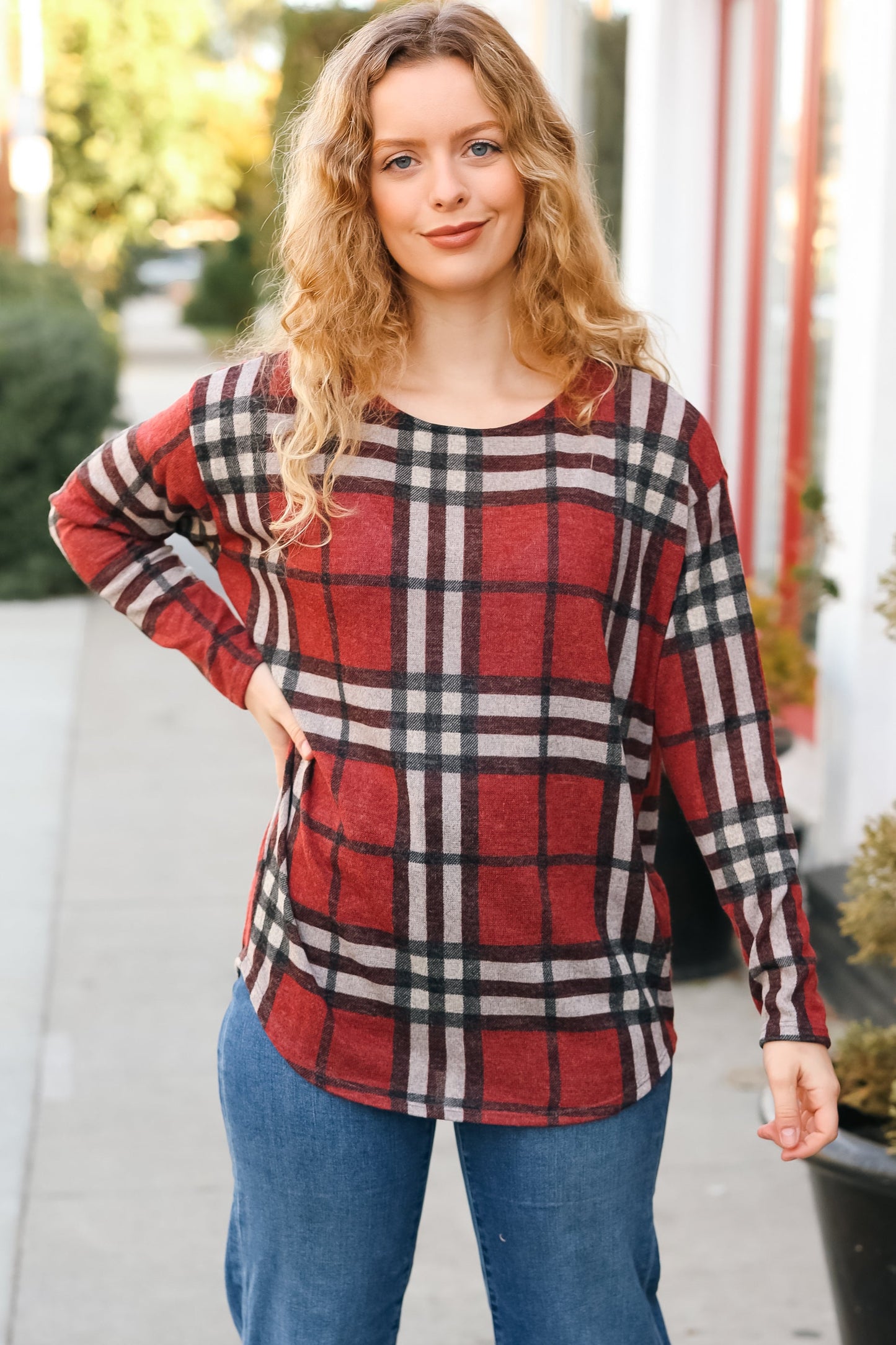 Perfectly You Red Plaid Boat Neck Long Sleeve Top