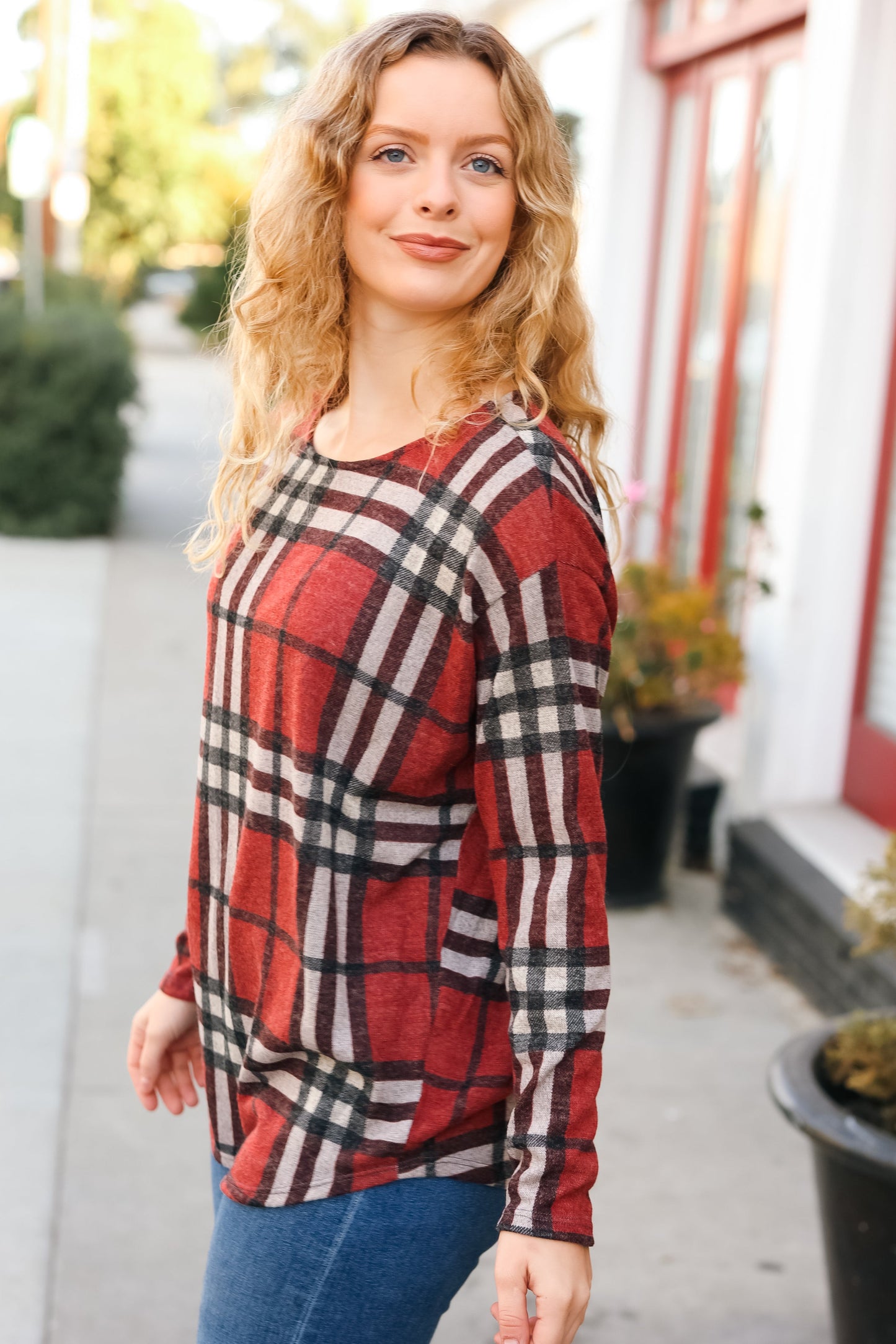 Perfectly You Red Plaid Boat Neck Long Sleeve Top