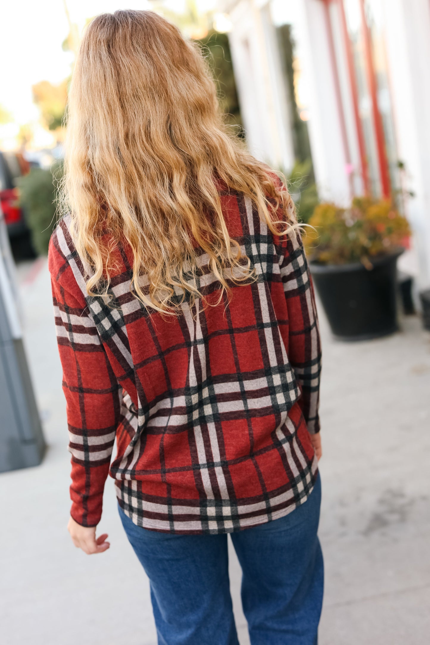 Perfectly You Red Plaid Boat Neck Long Sleeve Top