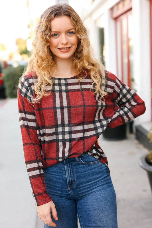 Perfectly You Red Plaid Boat Neck Long Sleeve Top