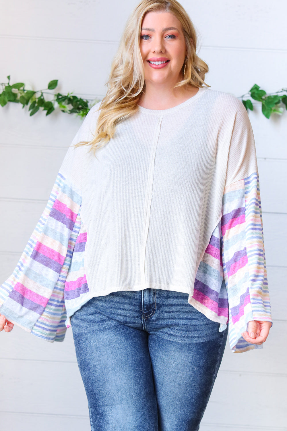 Ivory Slub Rib Thermal Multicolor Stripe Bell Sleeve Top