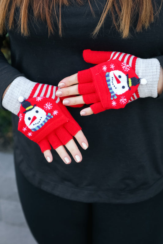 Snowman Fingerless Gloves with Convertible Mittens