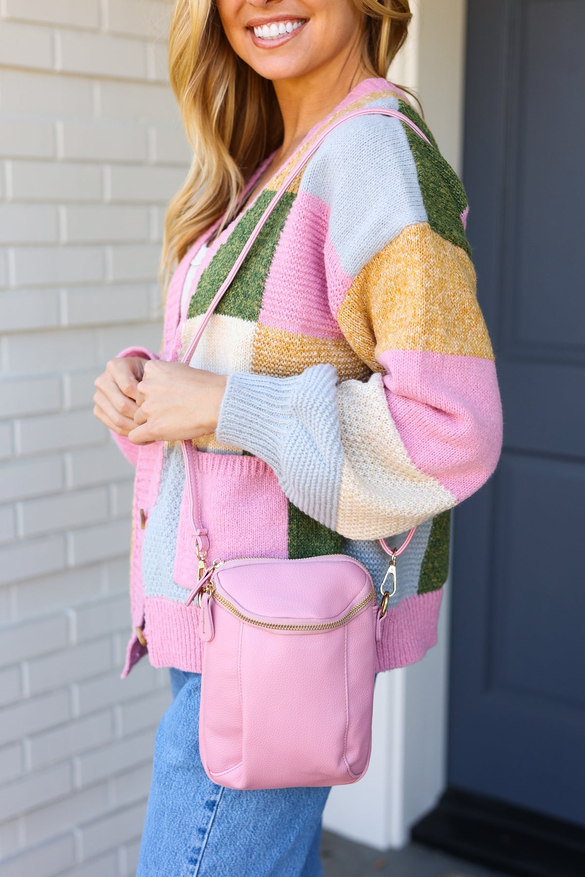 Pink Vegan Leather Two Pocket Mini Cross Body