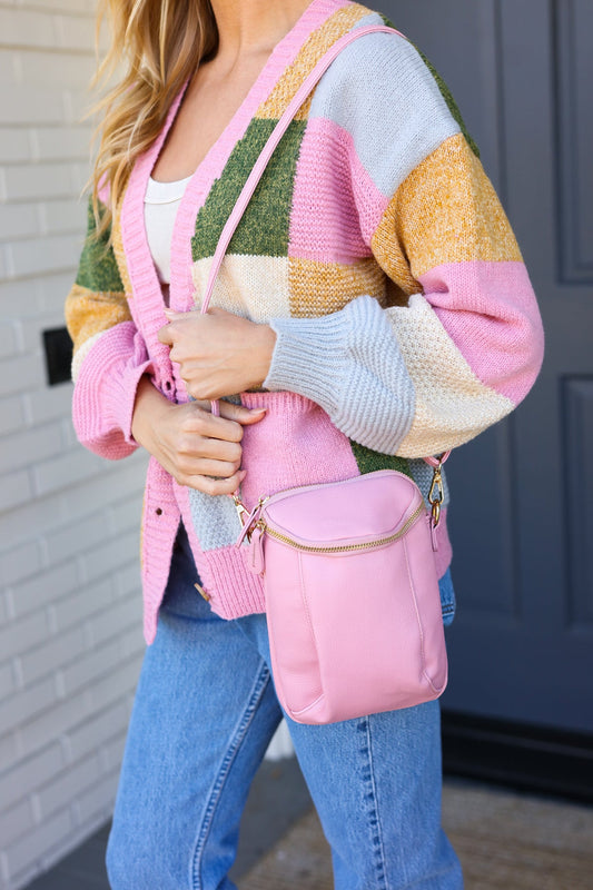 Pink Vegan Leather Two Pocket Mini Cross Body