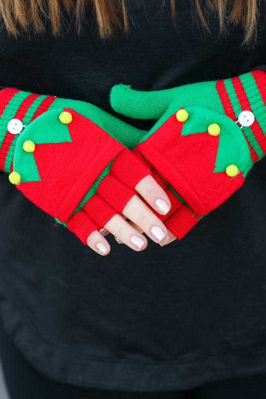 Red & Green Elf Fingerless Gloves with Convertible Mittens