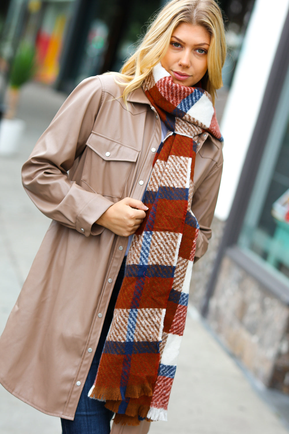 Rust Plaid Oblong Frayed Hacci Scarf