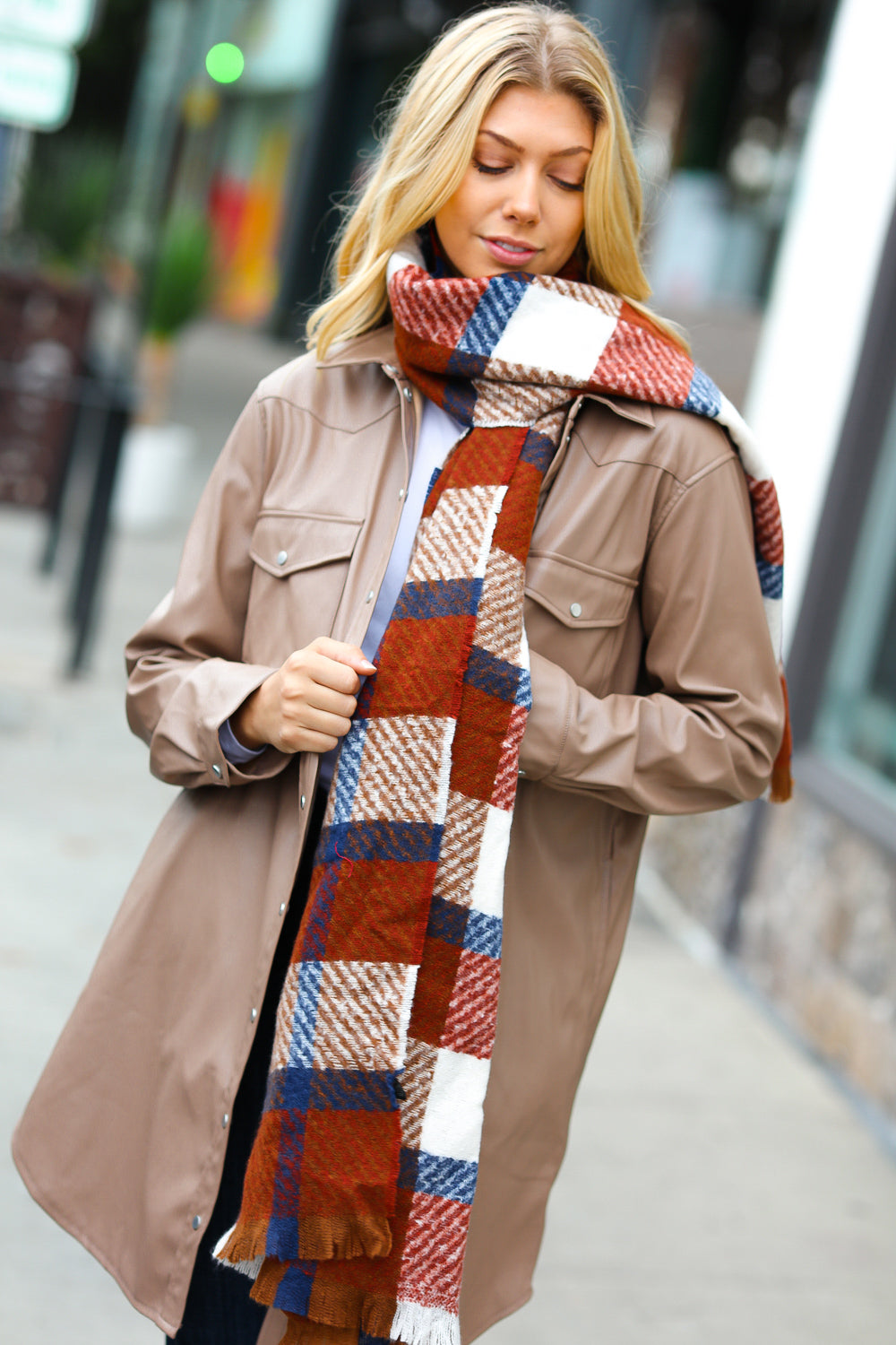 Rust Plaid Oblong Frayed Hacci Scarf