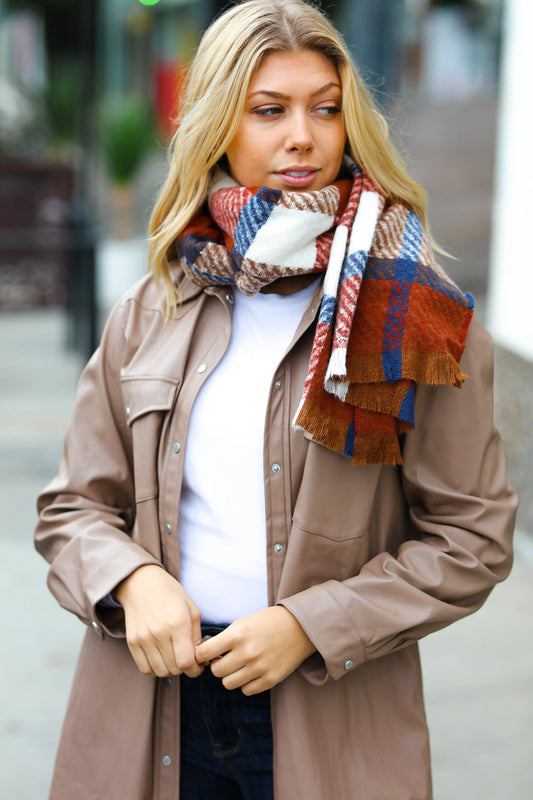 Rust Plaid Oblong Frayed Hacci Scarf