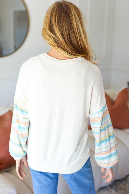 Oatmeal Lace V Neck Vintage Stripe Pullover