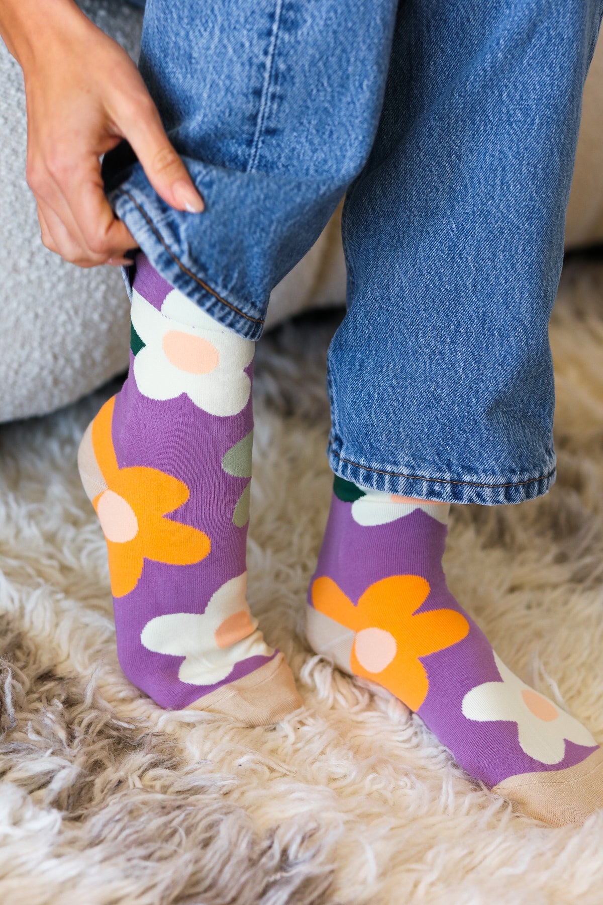 Plum Floral Print Crew Socks