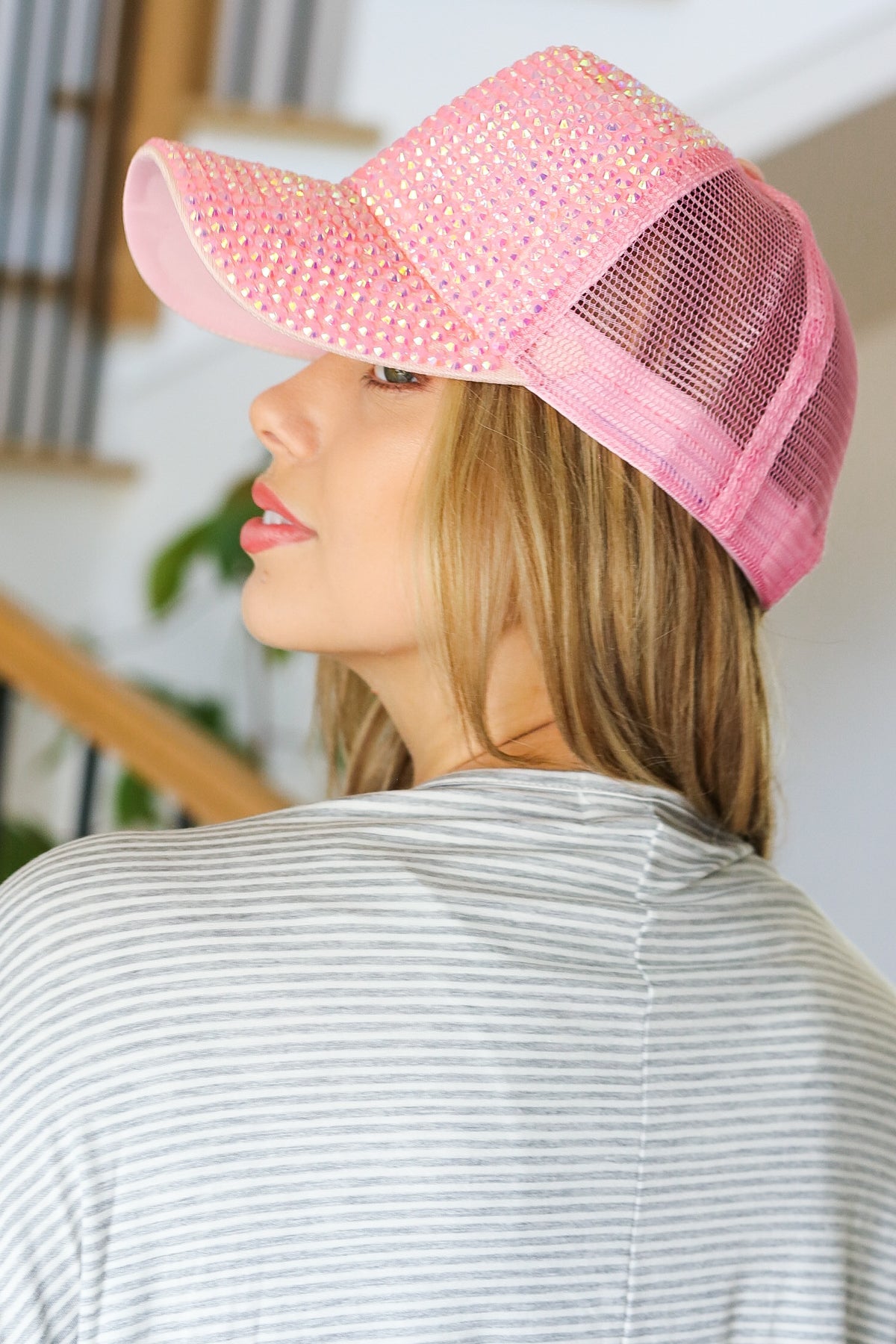 Pink Rhinestone Mesh Trucker Hat