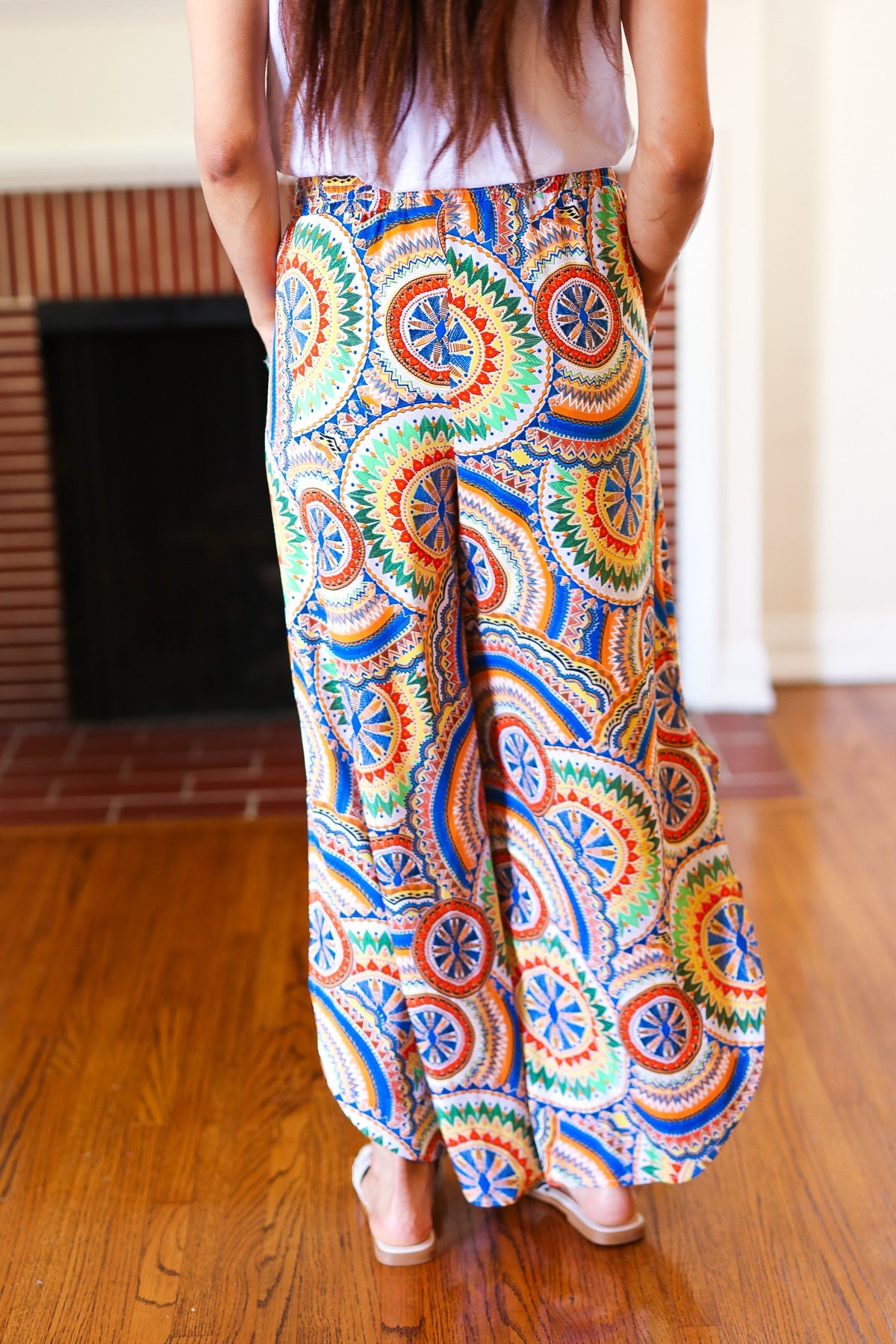 Multicolor Mandala Smocked Waist Side Slit Palazzo Pants