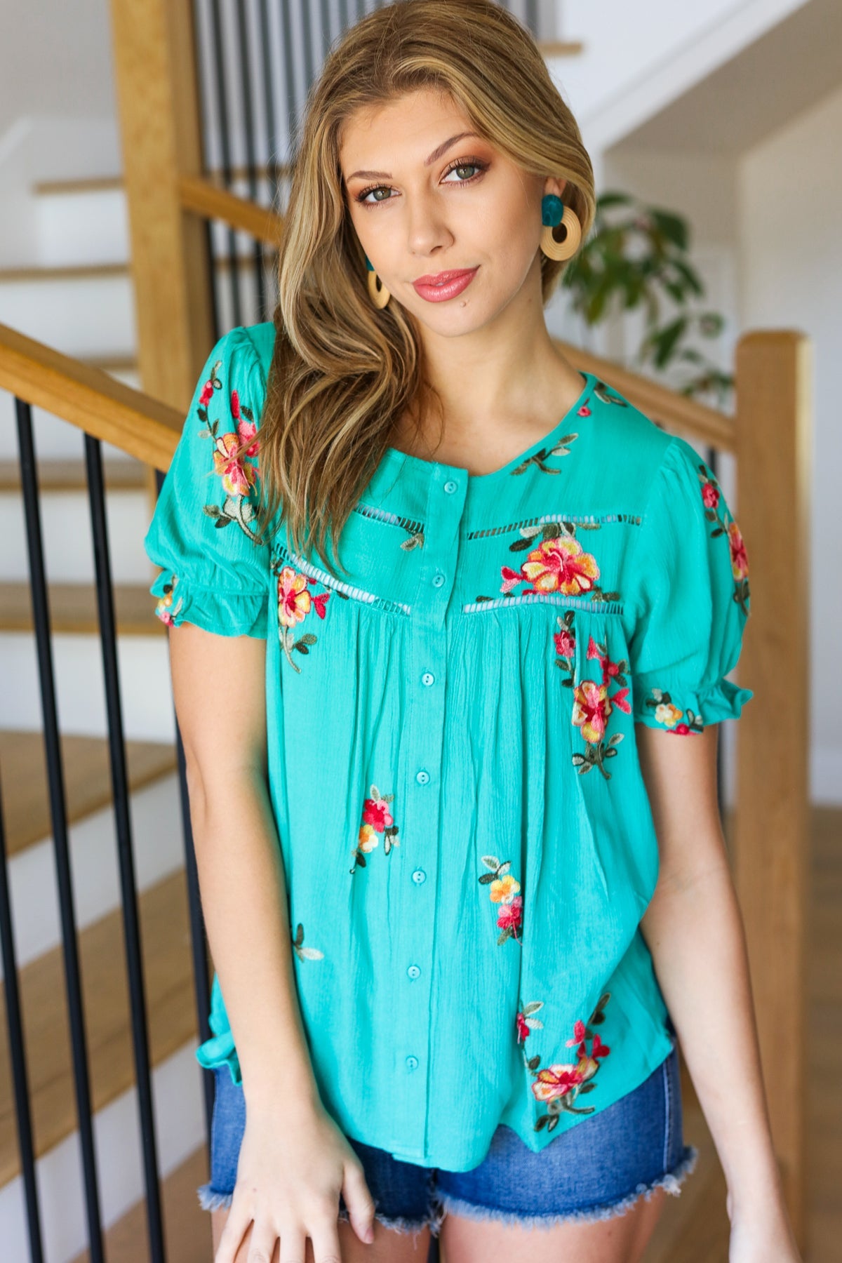 Remember Me Turquoise Floral Embroidery Button Down Top