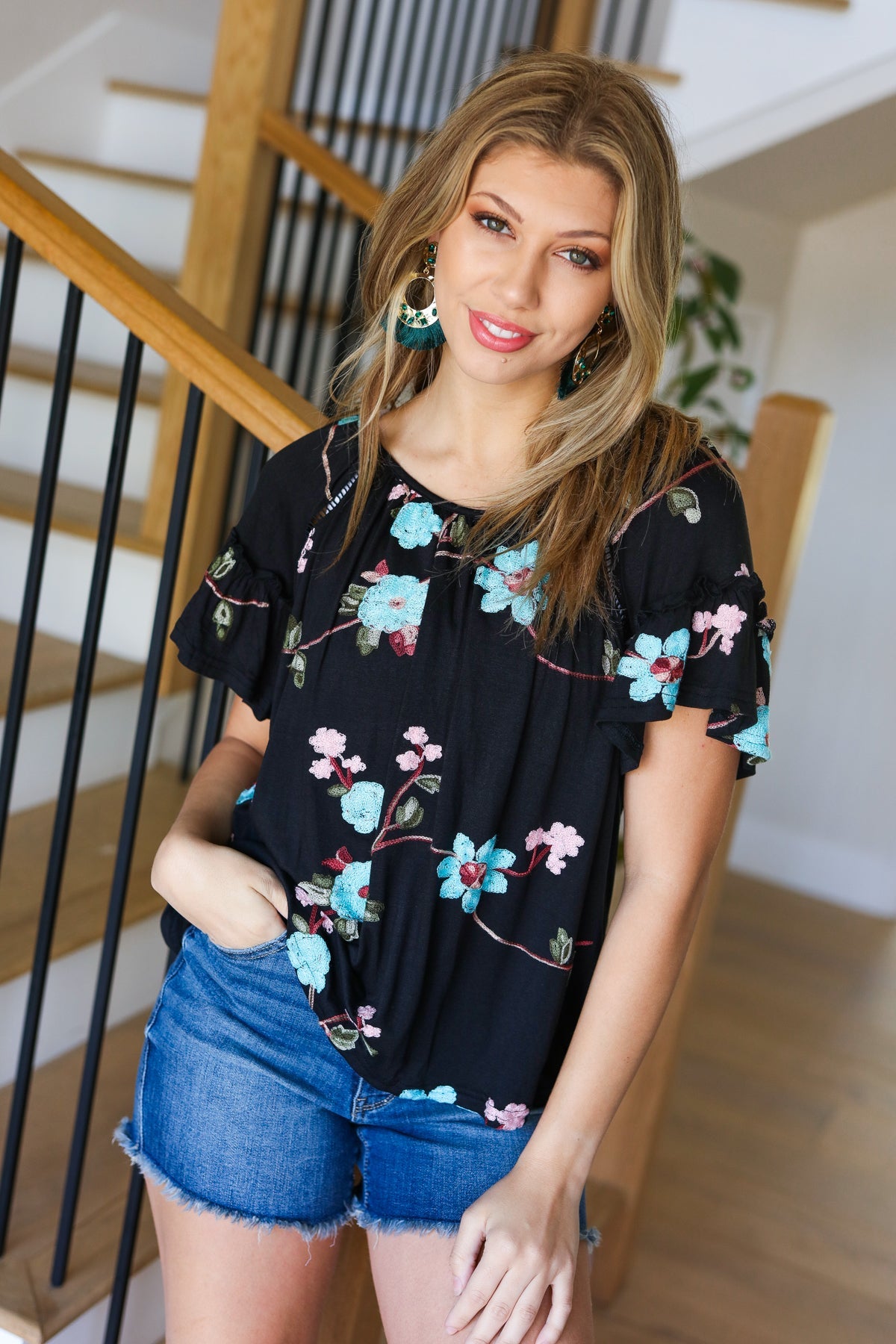 Black Floral Embroidery Flutter Sleeve Top