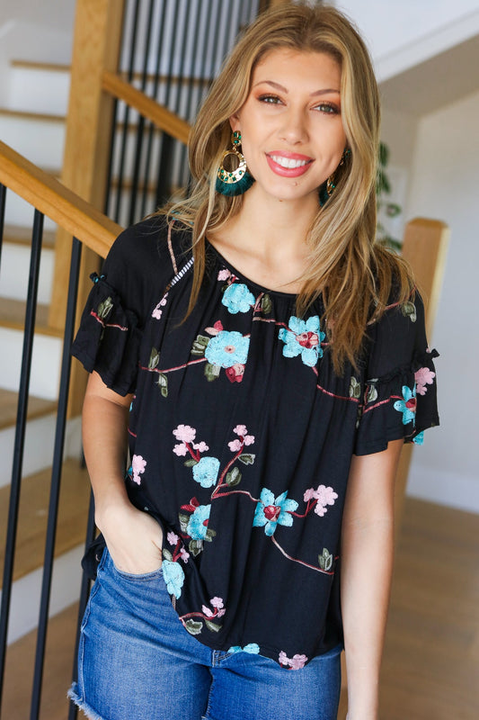 Black Floral Embroidery Flutter Sleeve Top