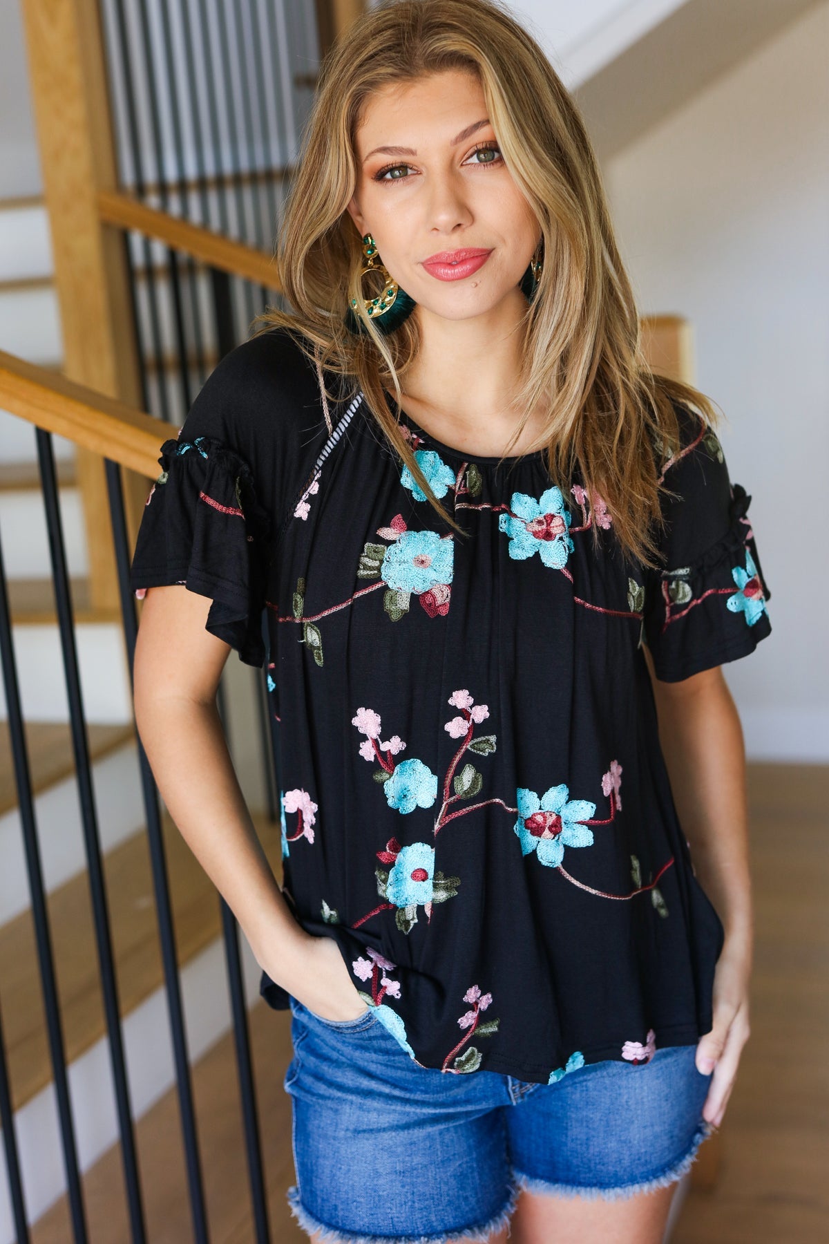 Black Floral Embroidery Flutter Sleeve Top