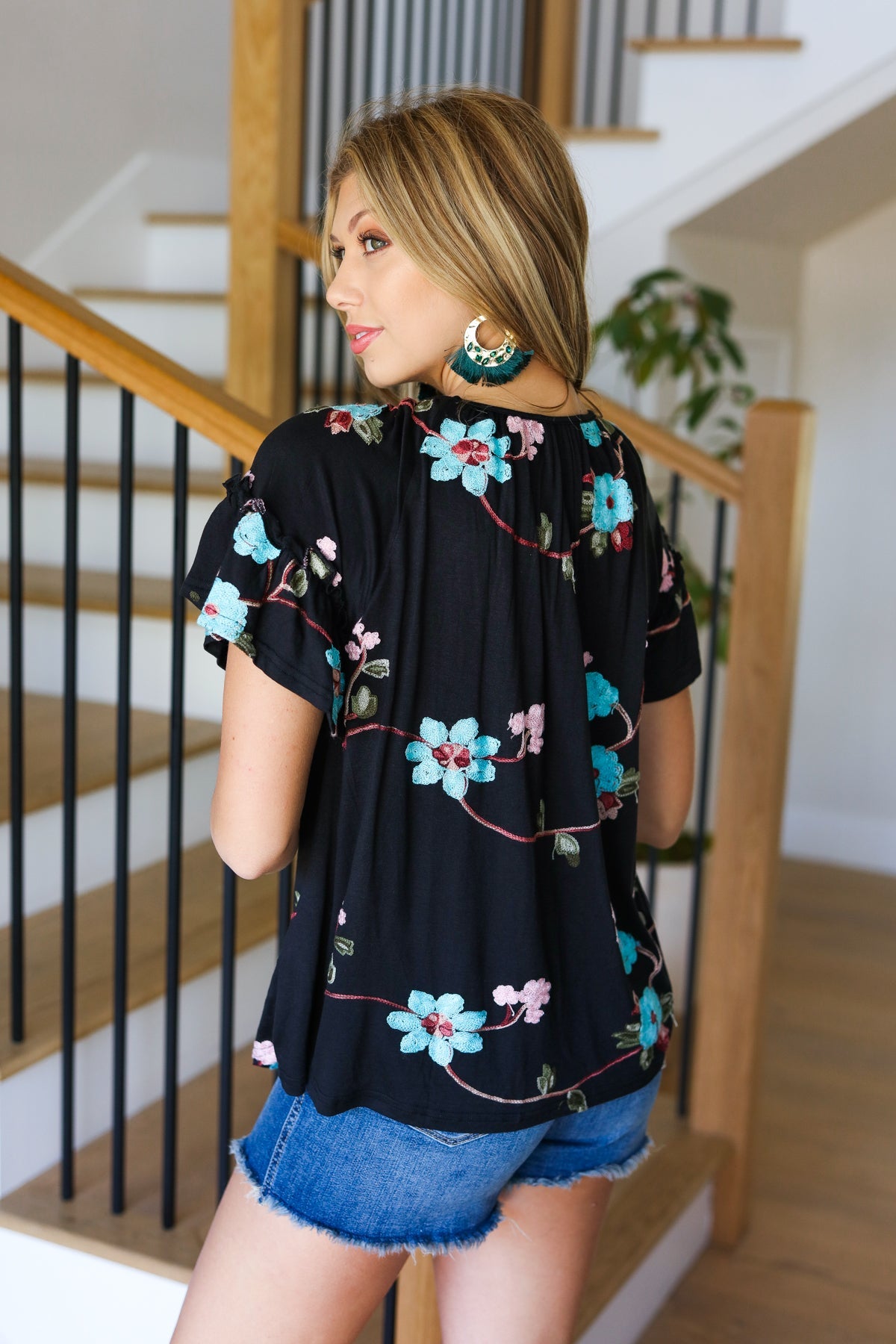 Black Floral Embroidery Flutter Sleeve Top