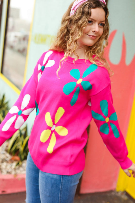 Flower Power Hot Pink Daisy Jacquard Pullover Sweater