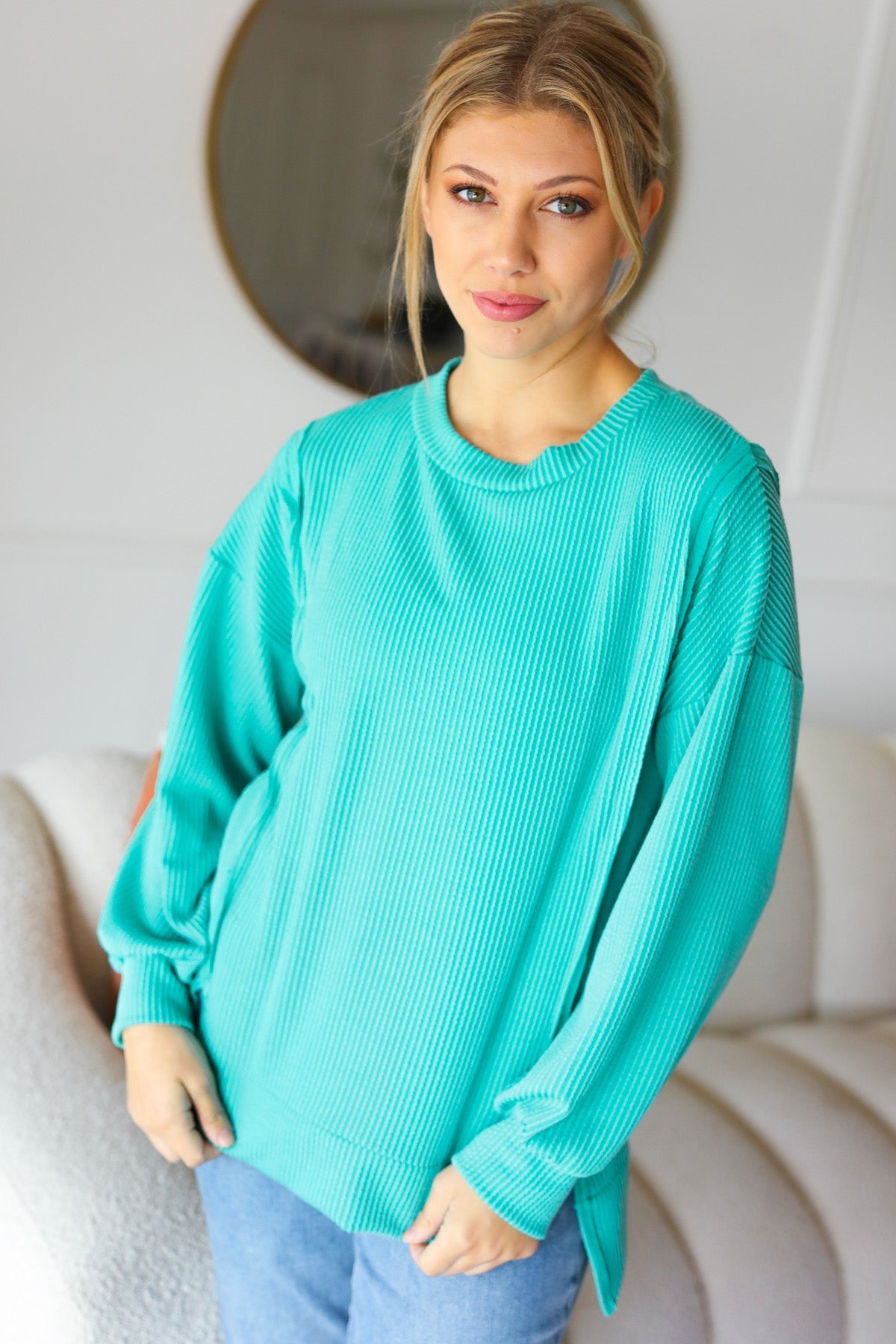 Live For Today Mint Mineral Washed Rib Pullover