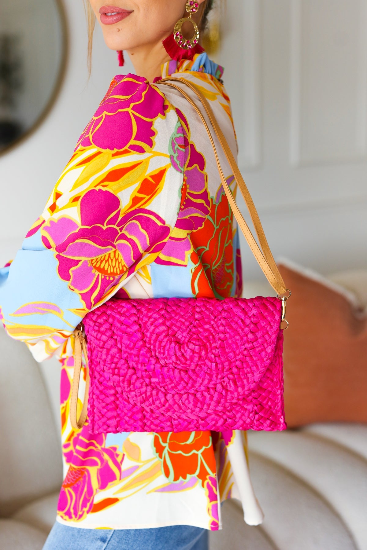 Fuchsia Raffia Woven Wrist Strap Clutch Bag