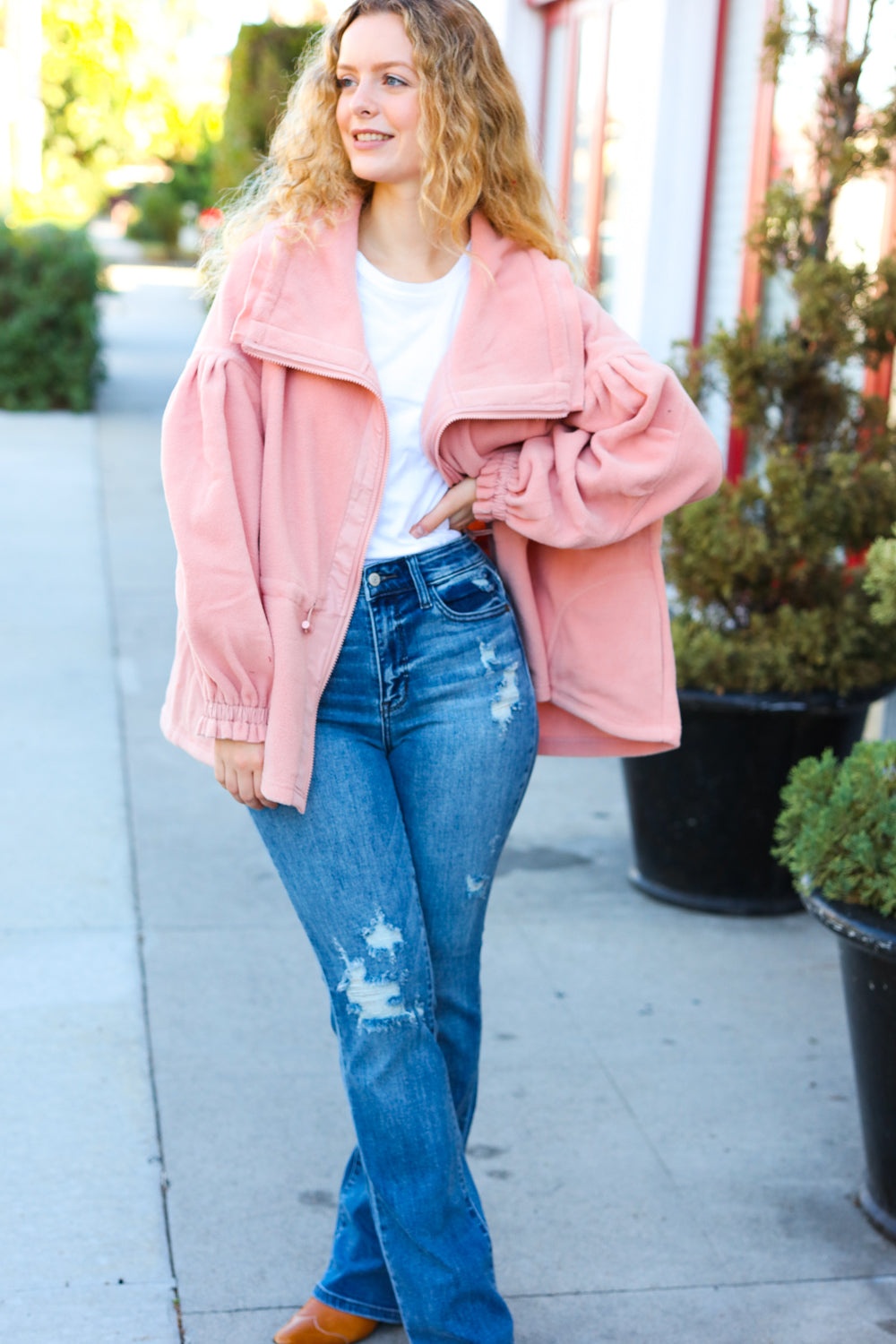 Own It Blush Cinched Waist Zip Up Fleece Jacket