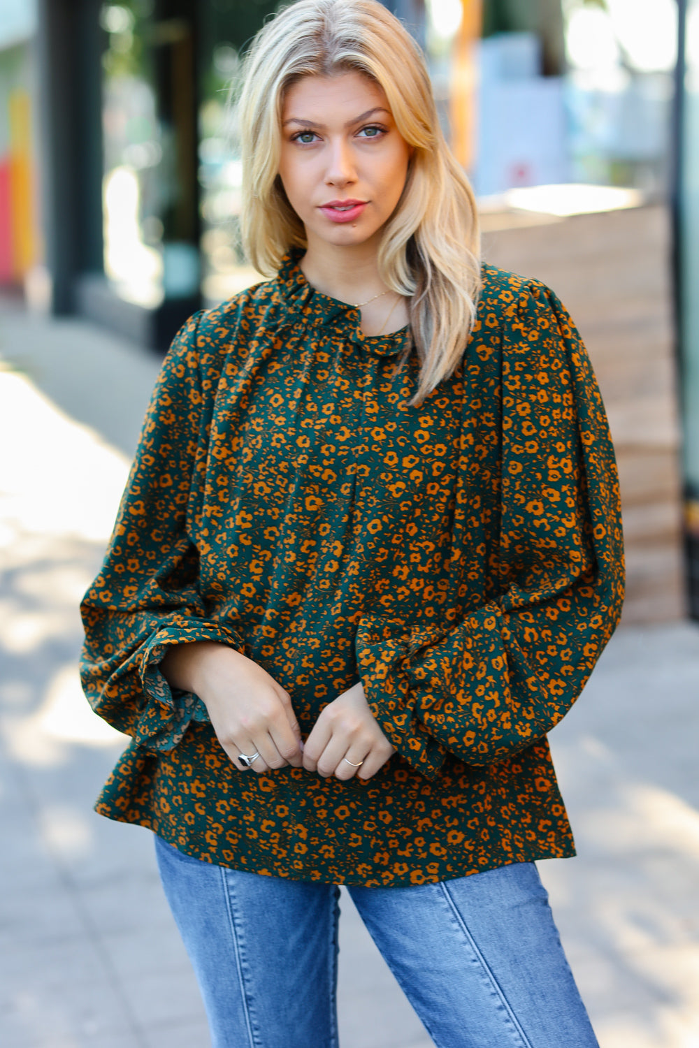 Sweet But Sassy Hunter Green Ditzy Floral Frill Neck Top