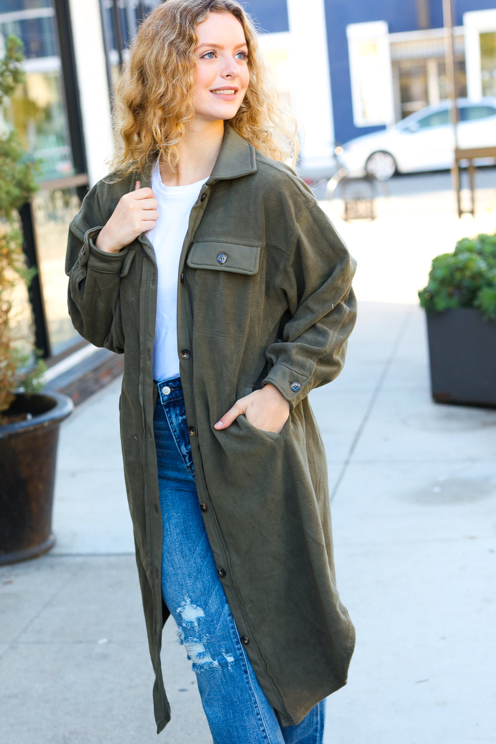 On Your Terms Olive Fleece Button Down Duster Jacket