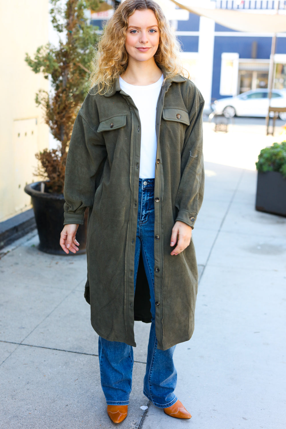 On Your Terms Olive Fleece Button Down Duster Jacket