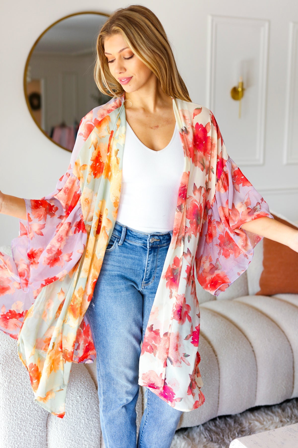 Sand & Fuchsia Floral Print Chiffon Cover Up Kimono