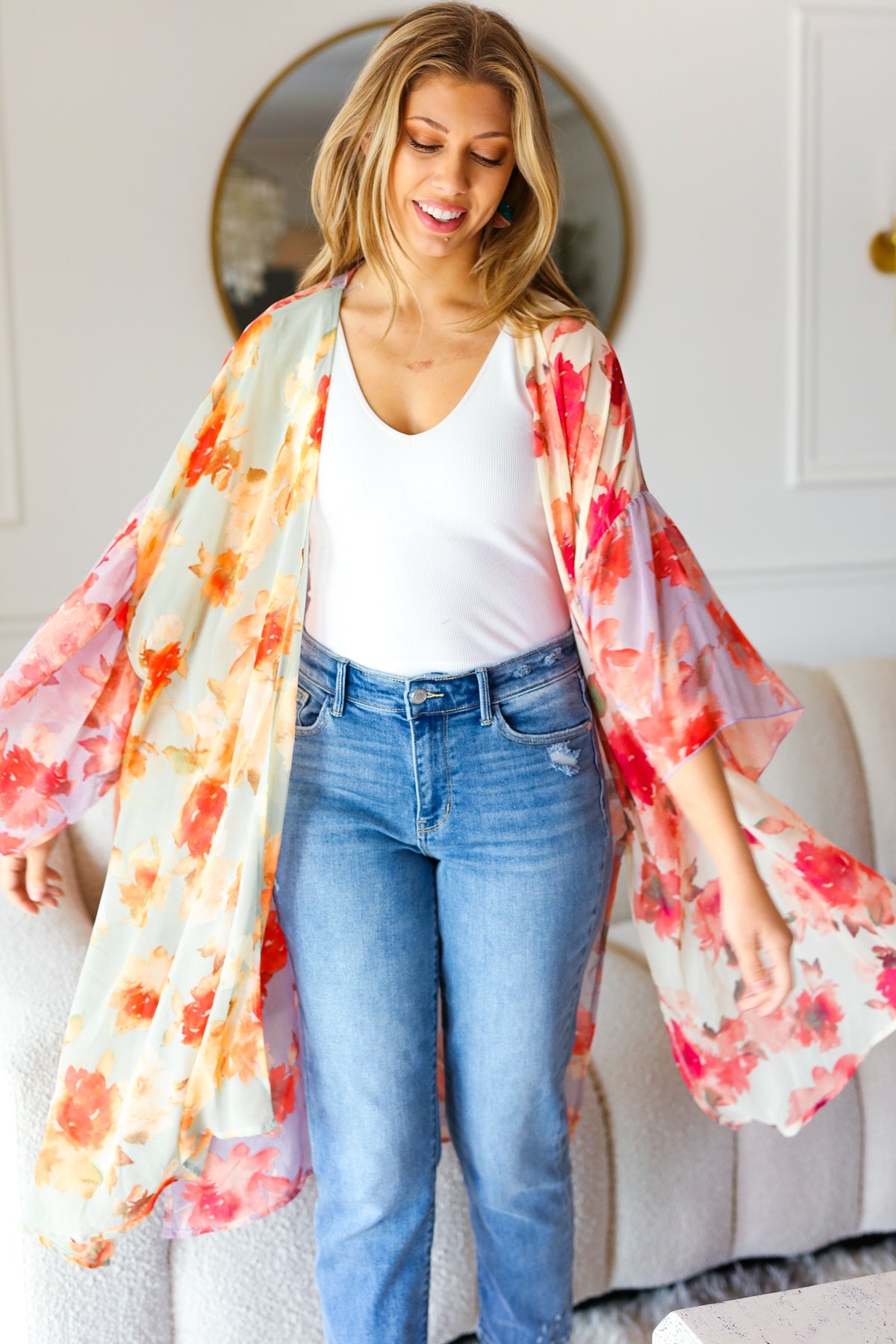 Sand & Fuchsia Floral Print Chiffon Cover Up Kimono