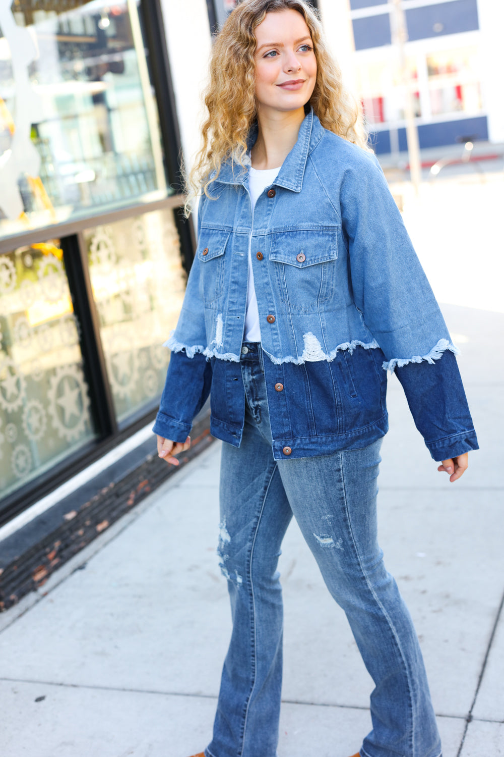 Easy Moves Blue Color Block Distressed Denim Jacket