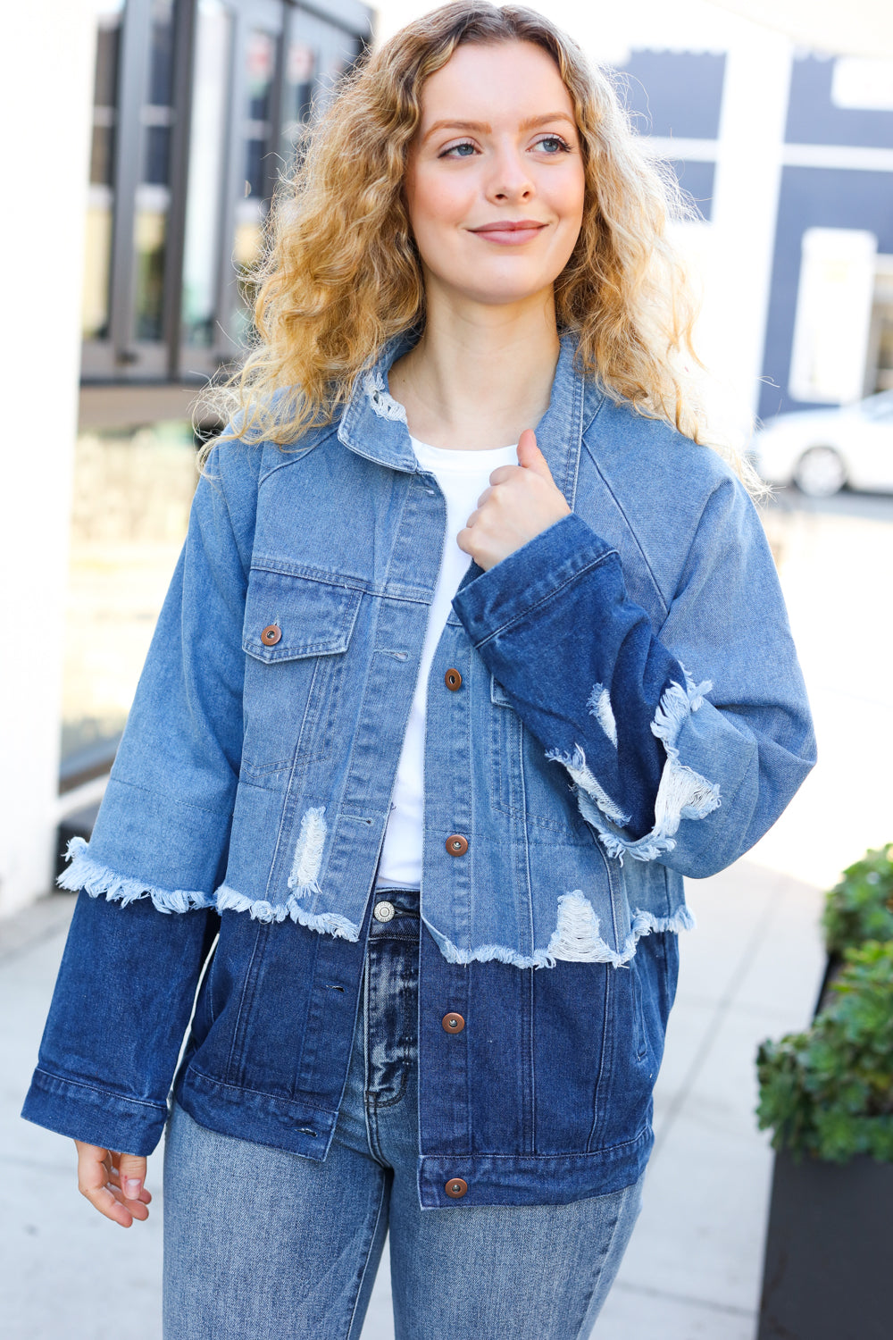 Easy Moves Blue Color Block Distressed Denim Jacket