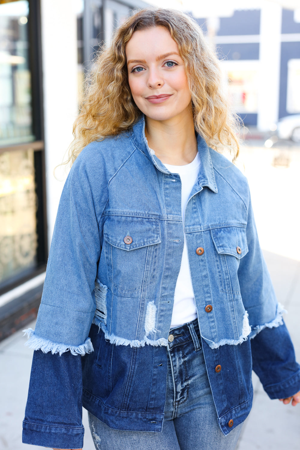 Easy Moves Blue Color Block Distressed Denim Jacket