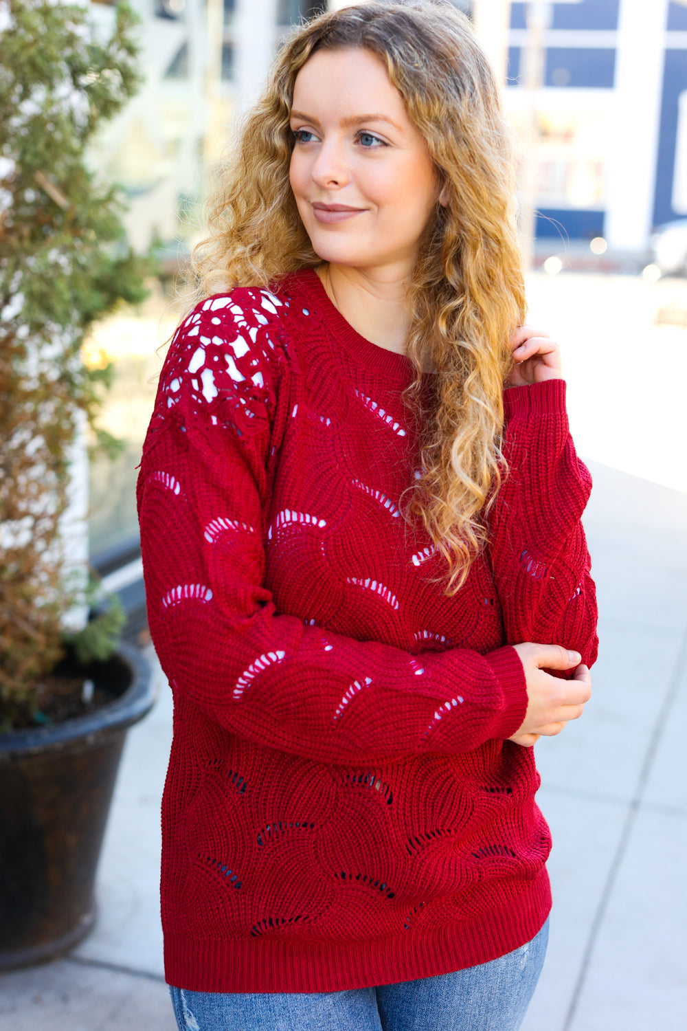 Feeling Fun Burgundy Pointelle Lace Shoulder Knit Sweater