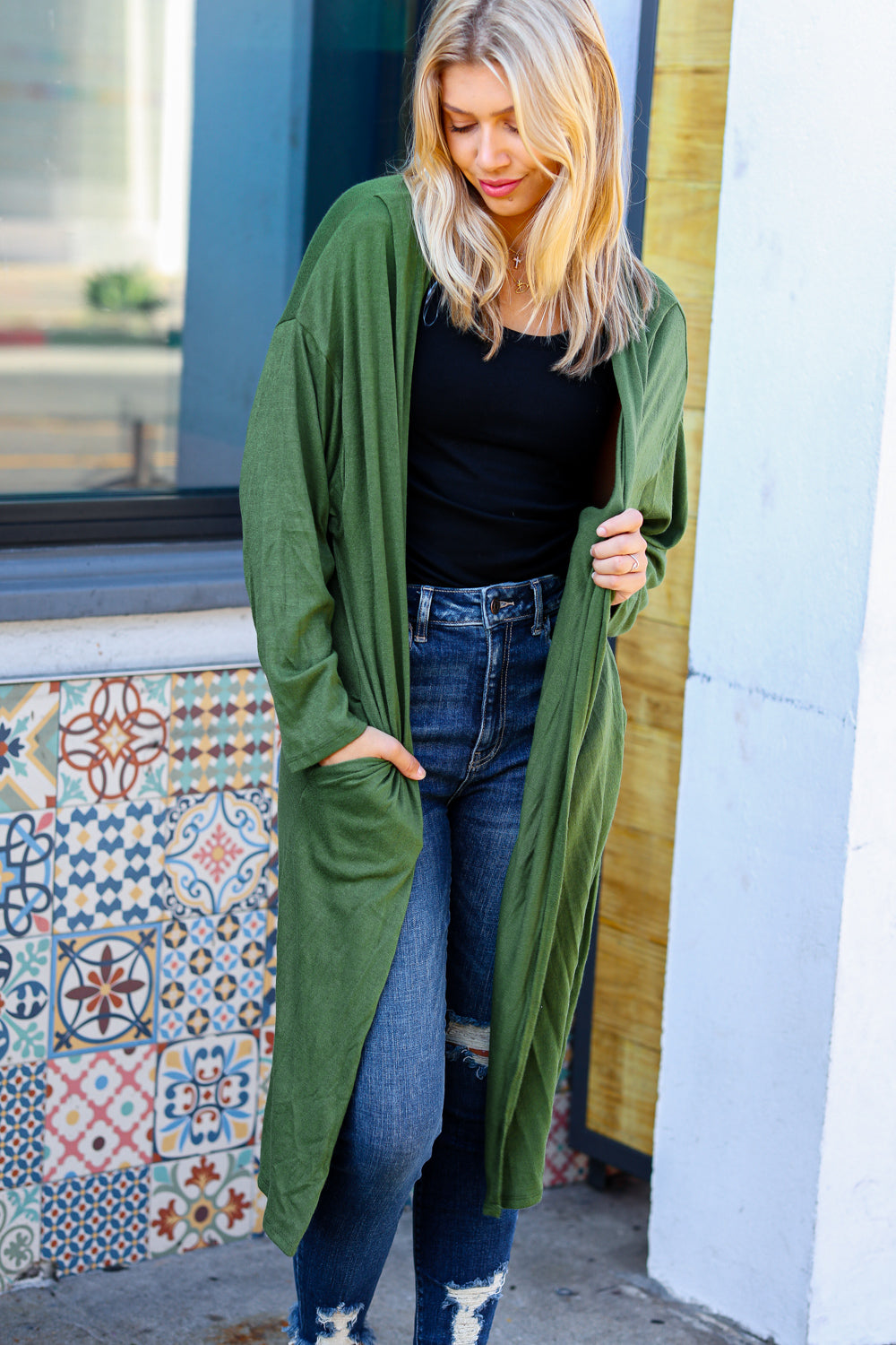 Over The Moon Olive Hacci Midi Open Cardigan