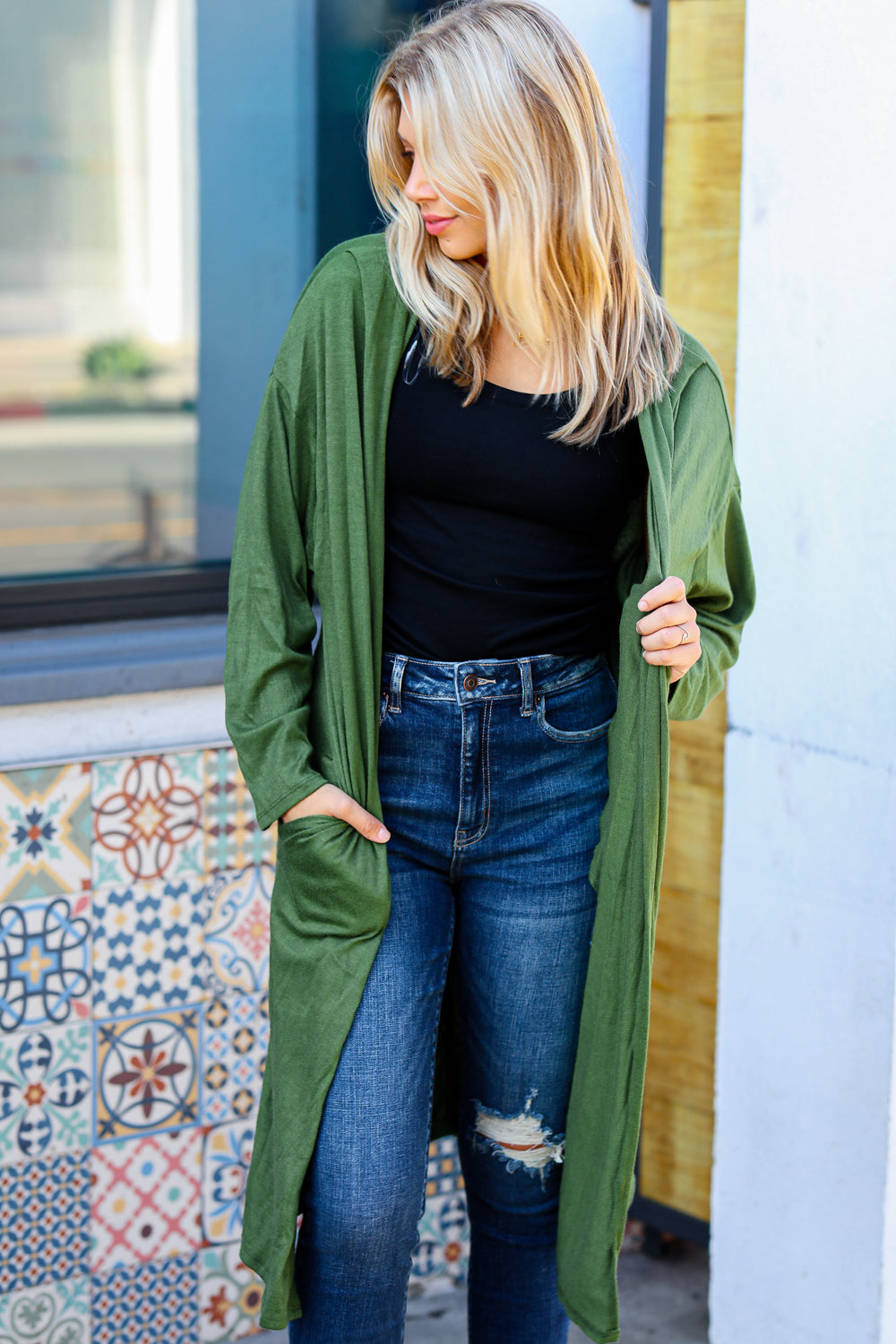 Over The Moon Olive Hacci Midi Open Cardigan