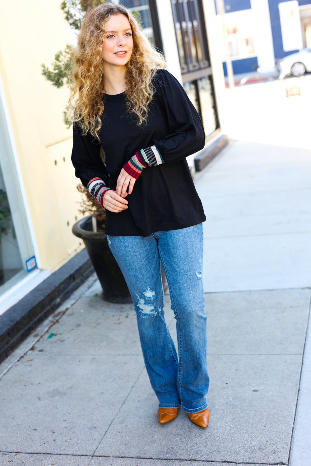 Dream On Black Multicolor Stripe Banded Puff Sleeve Top