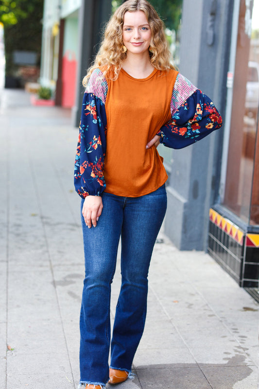 On Your Way Rust & Navy Floral Textured Hacci Top