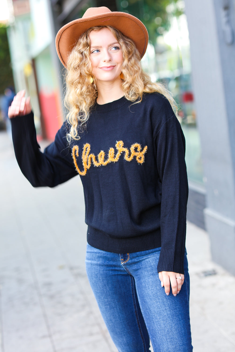 Take Note Black Embroidery "Cheers" Oversized Knit Top