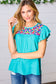 Turquoise Floral Embroidered Ruffle Sleeve Top