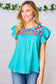 Turquoise Floral Embroidered Ruffle Sleeve Top