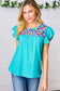 Turquoise Floral Embroidered Ruffle Sleeve Top