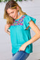 Turquoise Floral Embroidered Ruffle Sleeve Top