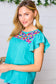 Turquoise Floral Embroidered Ruffle Sleeve Top