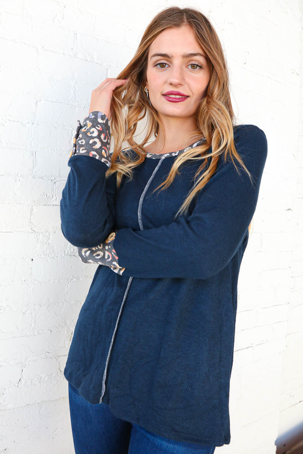 Winter Blue Hacci Leopard Print Banded Top