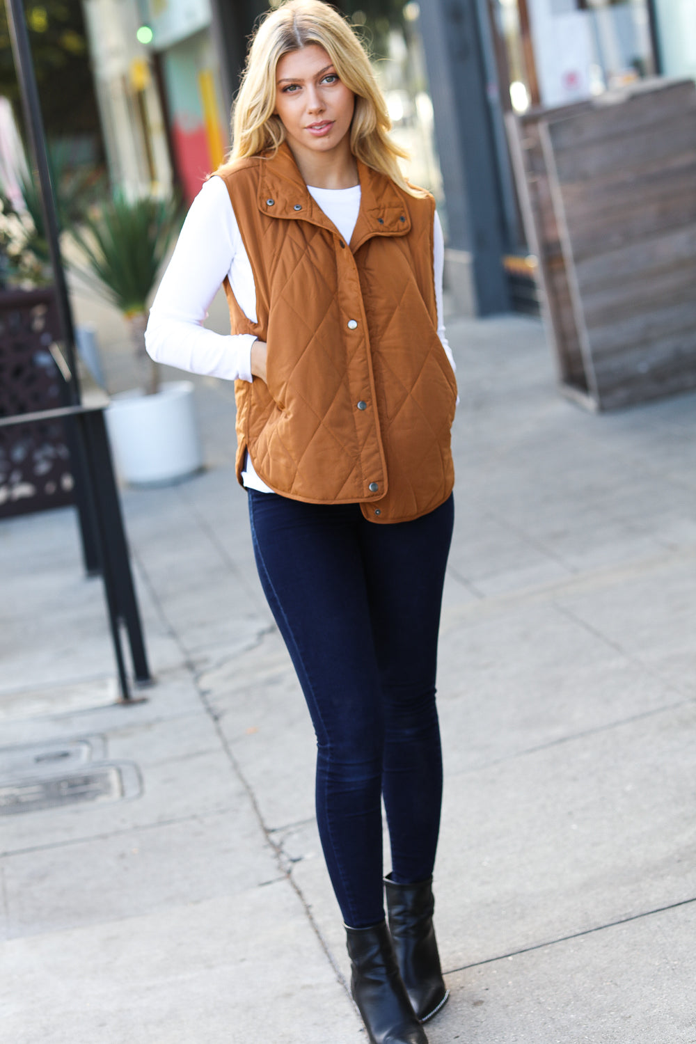 Layer Up Camel High Neck Quilted Puffer Vest