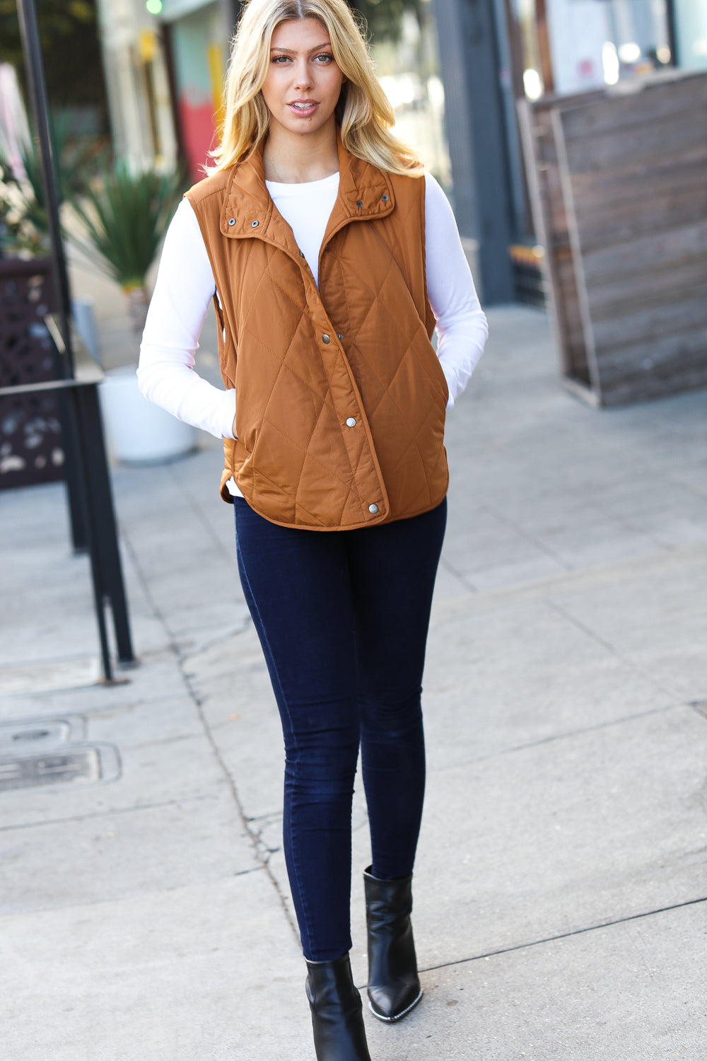 Layer Up Camel High Neck Quilted Puffer Vest