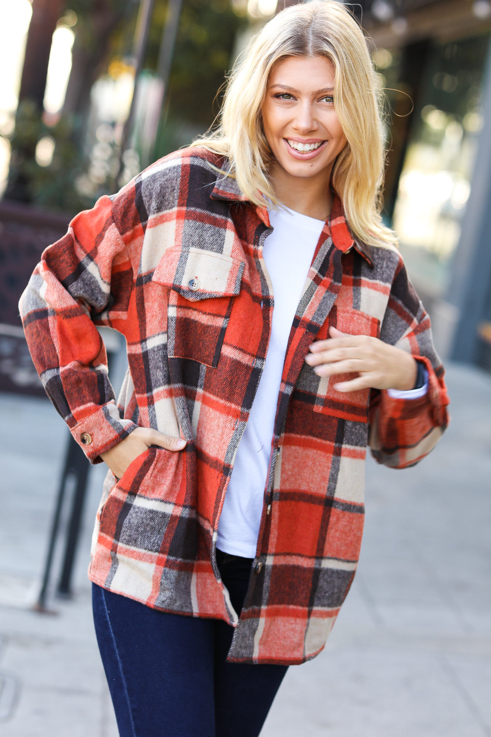 On My Way Up Rust Plaid Flannel Button Down Shacket